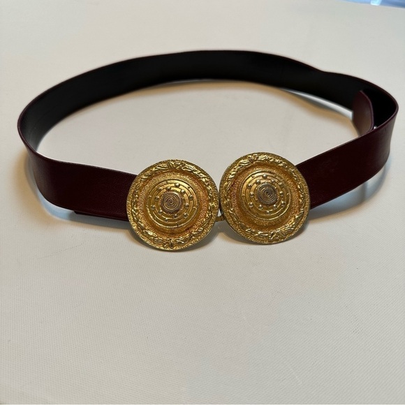 Gay Boyer Burgundy Leather Belt with Round Gold Buckles, S/M - Picture 2 of 10
